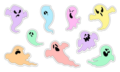 A set of Ghostly Halloween Silhouettes, Halloween Ghost Stickers. Collection of Ghostly Doodles