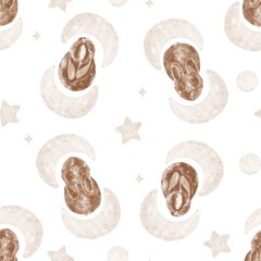 Seamless pattern, watercolor cute bunny,  moon and stars background. Childish pattern in boho style. - 530828658