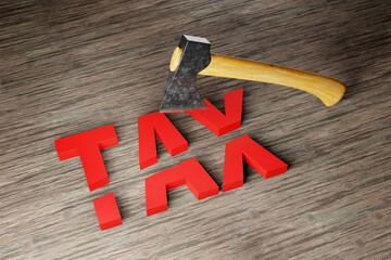 An axe is cutting the letter blocks TAX into halves. Illustration of the concept of tax reduction - obrazy, fototapety, plakaty