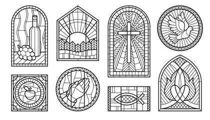 Stained glass windows monochrome line art set vector illustration. Medieval gothic cathedral