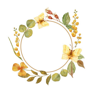 Autumn watercolor wreath of twigs and flowers. Watercolor autumn orange butterflies, dog rose and a sprig of yellow flowers. Decor for invitations, greeting cards, posters.