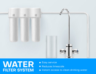 Water filtration system promo banner realistic vector illustration. Aqua purification for kitchen