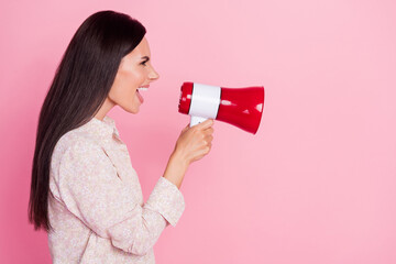 Profile side photo of furious lady executive scream bullhorn subordinate employees isolated on pastel color background