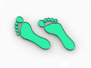 two green glass bare footprints. bare footprint close up. Horizontal image. 3D image. 3D rendering.
