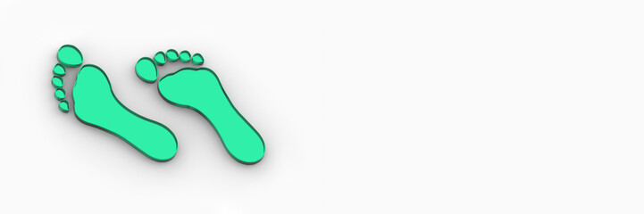 two green glass bare footprints. bare footprint close up. Horizontal image. Banner for insertion into site. Place for text cope space. 3D image. 3D rendering.