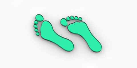 Fototapeta na wymiar two green glass bare footprints. bare footprint close up. Horizontal image. Banner for insertion into site. Place for text cope space. 3D image. 3D rendering.