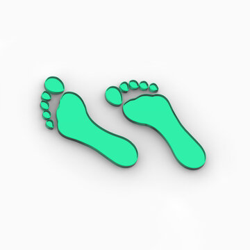 two green glass bare footprints. bare footprint close up. Square image. 3D image. 3D rendering.