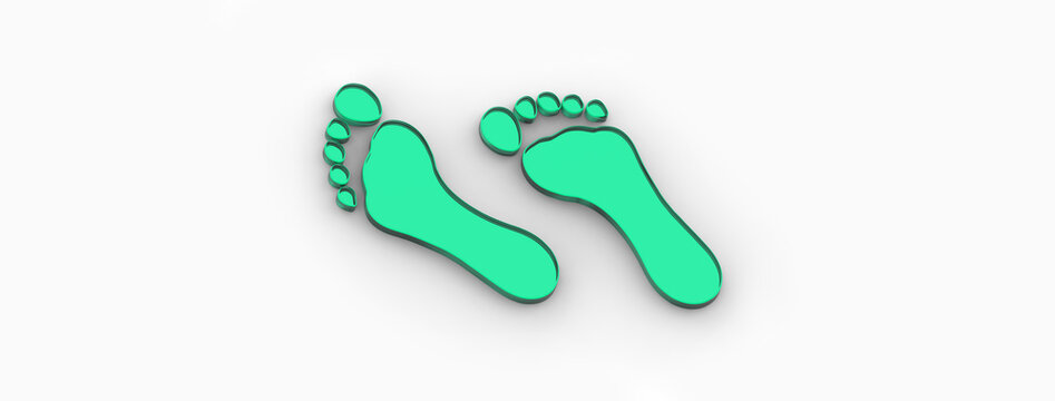 two green glass bare footprints. bare footprint close up. Horizontal image. Banner for insertion into site. Place for text cope space. 3D image. 3D rendering.