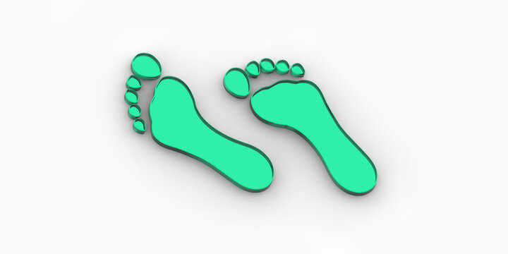 two green glass bare footprints. bare footprint close up. Horizontal image. Banner for insertion into site. Place for text cope space. 3D image. 3D rendering.