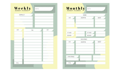 Template of personal budget plan, monthly, weekly and Trendy green yellow colors. Budget planner weekly and monthly - obrazy, fototapety, plakaty