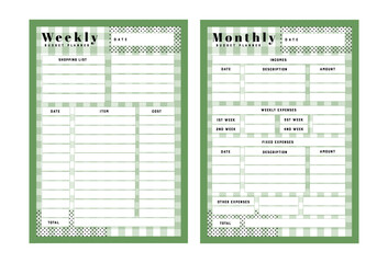 Template of personal budget plan, monthly, weekly and Trendy green colors. Budget planner weekly and monthly