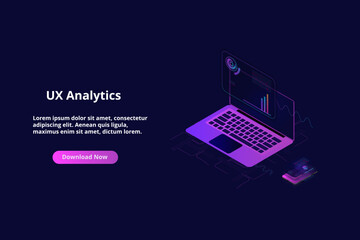 Data analytics concept banner. Can use for web banner, infographics, online statistics. Flat isometric illustrations with trendy gradients.