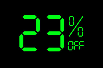 Vector illustration of green 23% discount special offer tag. Discount offer price tag for advertising campaign symbol in retail, sales promotion marketing, shopping day in green neon digital style.