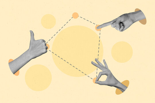 Creative abstract template collage of hands fingers showing different gestures okey thumb up point teamwork feedback connection cooperation - Powered by Adobe