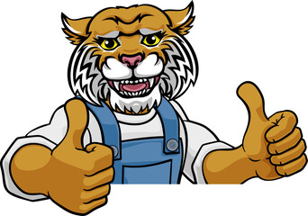A wildcat cartoon animal mascot gardener, carpenter, handyman, decorator or builder construction worker peeking around a sign and giving a thumbs up