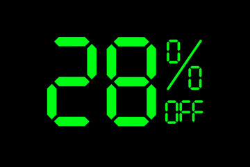Fototapeta premium Vector illustration of green 28% discount special offer tag. Discount offer price tag for advertising campaign symbol in retail, sales promotion marketing, shopping day in green neon digital style.