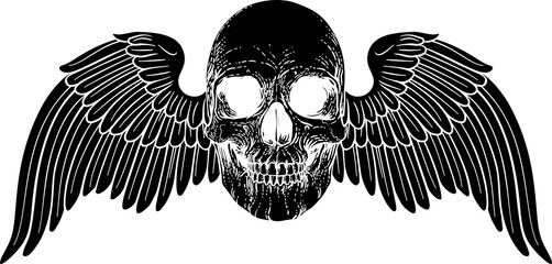 A winged skull graphic. Original illustration in a vintage engraving woodcut etching style.