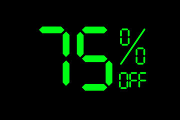 Vector illustration of green 75% discount special offer tag. Discount offer price tag for advertising campaign symbol in retail, sales promotion marketing, shopping day in green neon digital style.
