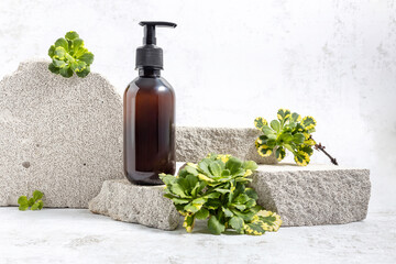  pump bottle on a podium made of stones and green succulent leaves on a gray background. The...