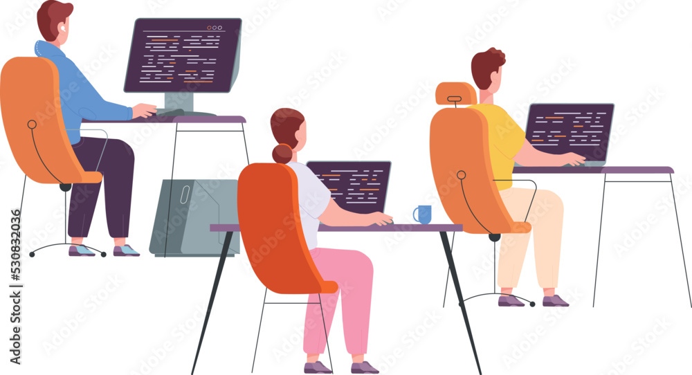 Poster programmers working at computers desks. office team workplace