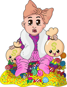 baby chibi character with money and candy cartoon