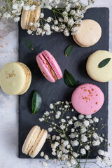 Macaron or macaroon with gypsophila flowers on grey background. Pastel colors french dessert with fresh flowers.