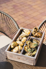 A variety of fresh oysters with lime and lemon in wooden box. Fresh seafood. Outdoor cafe terrace. Blurred background with a view of the yacht club.