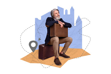 Composite collage picture image of dreamy thoughtful retired stylish man baggage sit imagine...