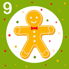 Christmas Advent Calendar. Countdown to Christmas. Window, cell number 9. Gingerbread Man. Christmas treats, pastries. Greeting card, frame for New Year. Winter Holiday Decoration. Vector illustration