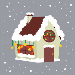 Winter snow-covered house. Bright gingerbread house for Christmas and New Year. Decorations for the winter holiday. Isolated vector illustration. Merry Christmas and Happy New Year!