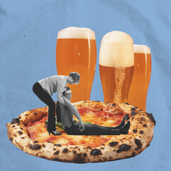 Contemporary art collage. Young woman carrying sleepy man after party with pizza and beer