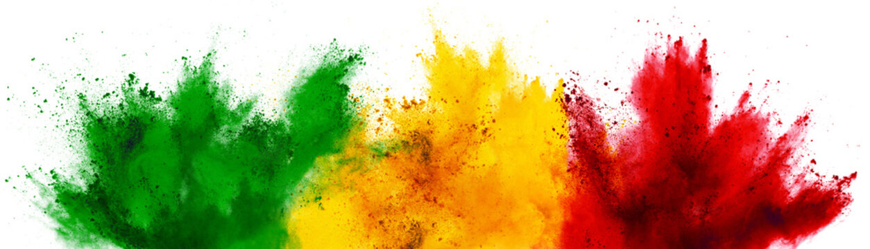 colorful ghanaian or senegalese flag green red yellow color holi paint powder explosion isolated white background. Ghana senegal africa qatar celebration soccer travel tourism concept