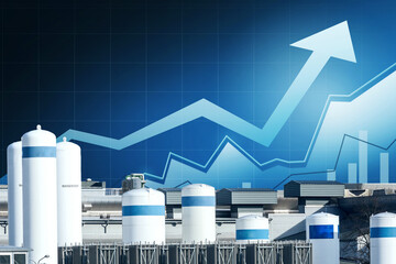 H2 Hydrogen clear energy,
Ecological future Alternative concept Environmental technology 
Fuel storage tanks, Blue background with stock chart
