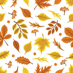 Seamless pattern with acorns, autumn leaves, mushrooms. Perfect for wallpaper, gift paper, pattern fill, autumn greeting cards.