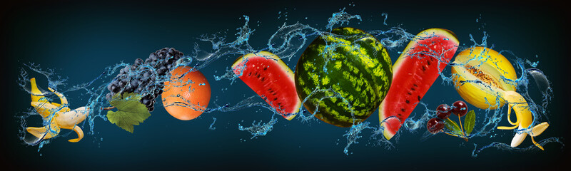 Panorama with fruits in the water - melon, grapes, cherry, banana, watermelon. grapefruit - health...
