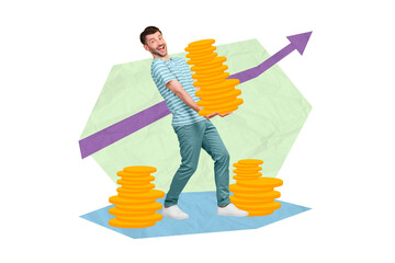 Creative 3d photo artwork graphics collage of happy man carry golden coins successful rich traider...