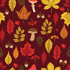 Seamless pattern with acorns, autumn leaves, mushrooms. Perfect for wallpaper, gift paper, pattern fill, autumn greeting cards.