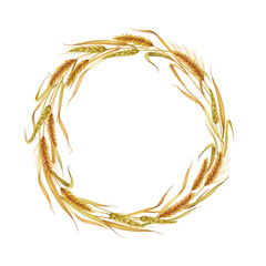 Watercolor cereal wreath. Wheat, barley and rye. Hand-drawn circle frame. Harvest illustration.