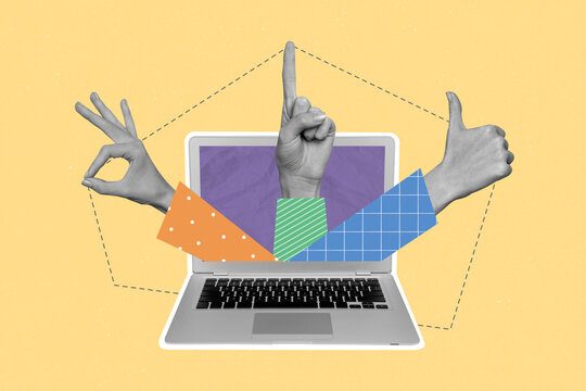 recommend clip art: Collage 3d image of pinup pop retro sketch of laptop computer remote work conference meeting freelance hands showing different gestures