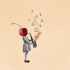 Contemporary art collage. Little girl, child with cherry head playing saxophone. Music lifestyle