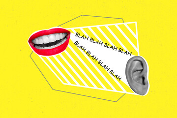 Creative trend collage of woman mouth red lipstick talk blah ear listen share gossips rumor...