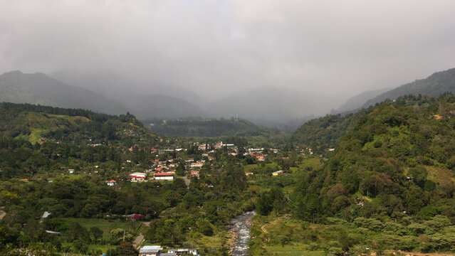 Town of Boquete in the Chiriqui province, western Panama, shown on an overcast day.