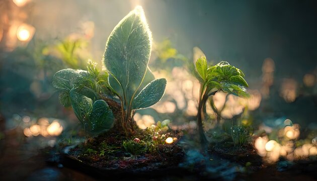 Botanical background with organic plants. Fantasy flowers, sprouts. Close-up, macro, grass, flowers. 3D illustration.