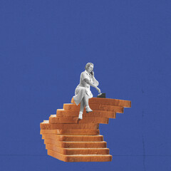 Contemporary art collage. Creative design with woman sitting on stairs made from bread slices and talking on phone