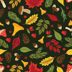 Seamless pattern with acorns, autumn leaves, mushrooms. Perfect for wallpaper, gift paper, pattern fill, autumn greeting cards.