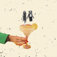 Contemporary art collage. Cheerful young girls jumping into delicious cocktail. Party time. Margarita cocktail