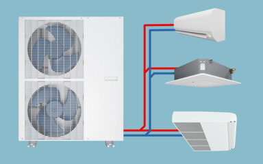 multi system one outdoor air conditioner unit and three indoor units 3d