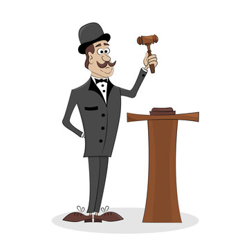 Salesman at auction holding hammer.  Concept of selling valuable items, bidding. Cartoon vector illustration.