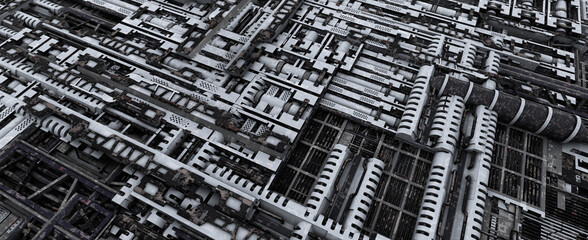 Sci-fi style futuristic facility, or space age external panel surface background. wide format. Spacestation like Pipeline and truss framework of external devices. 3D Illustration, 3D rendering.