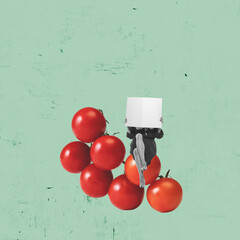 Contemporary art collage. Stylish woman sitting on yummy, fresh tomatoes over green background. Garden vegetable